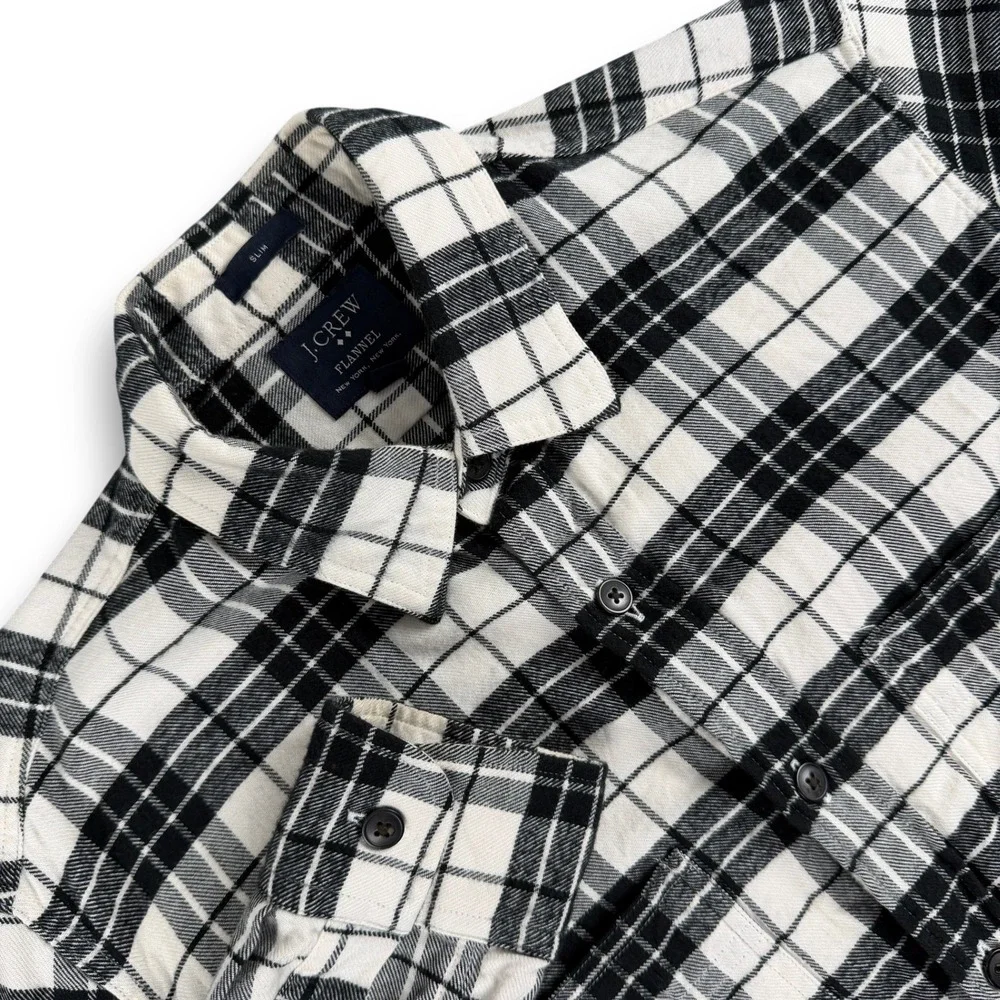 J.Crew Flannel Shirt‎ Mens S Black White Plaid Checkered Slim Fit Long Sleeve